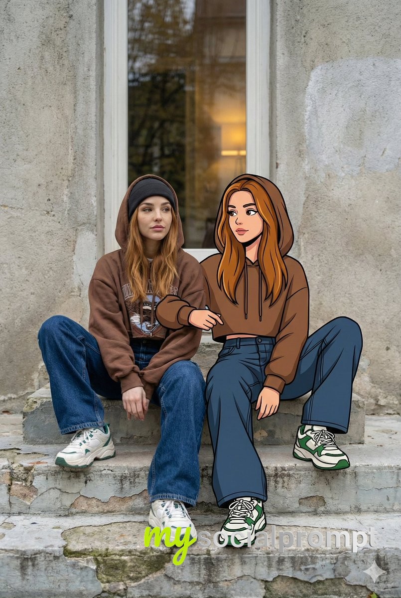 nanobanana prompt: Mixed-Reality Street Portrait with Cartoon Twin & Y2K Style