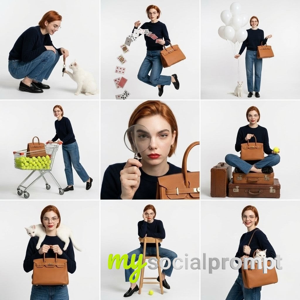 nanobanana prompt: Editorial Fashion Grid: Surreal Studio Portraits with Luxury Handbag
