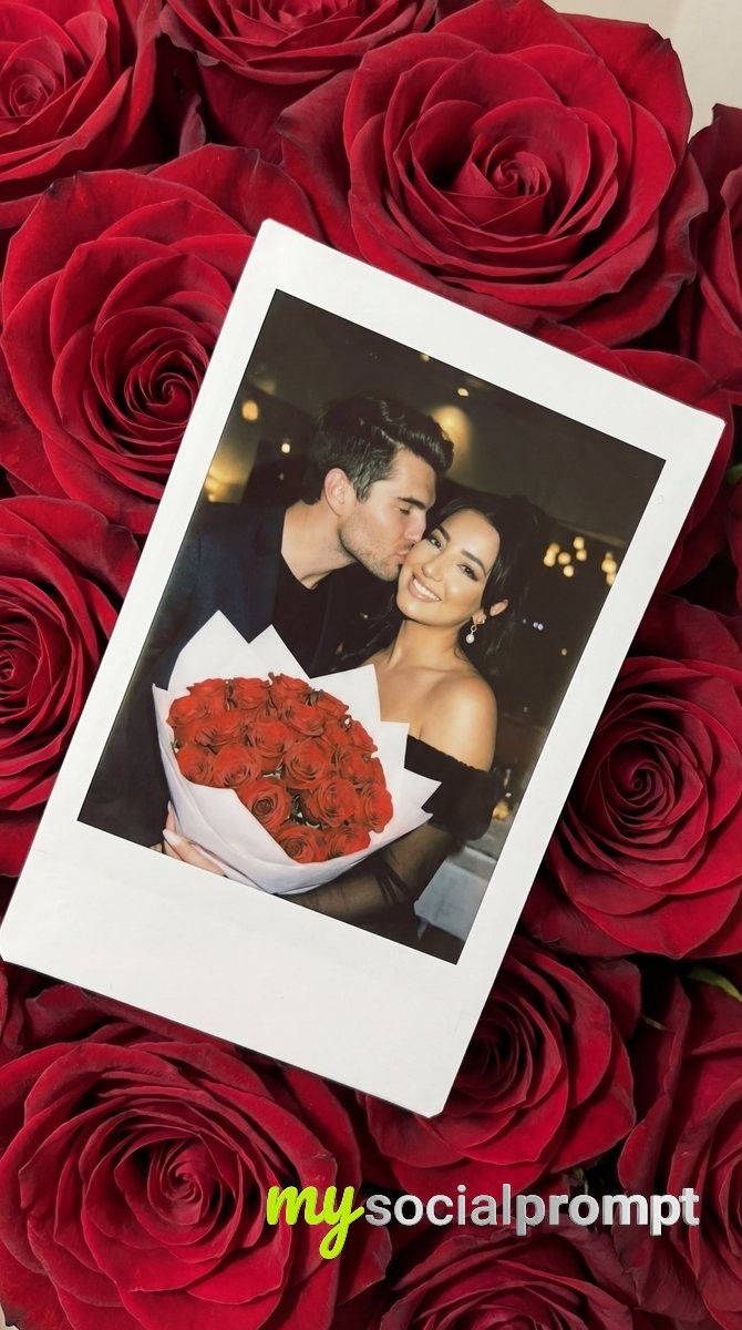 nanobanana prompt: Romantic Polaroid on Roses – Cheek Kiss with Warm Flash