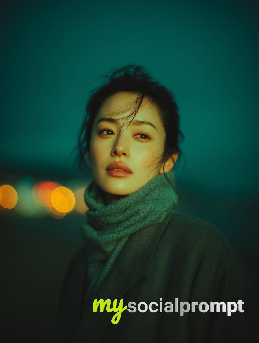 nanobanana prompt: Cinematic Night Portrait with Teal-Green Moody Atmosphere and Bokeh