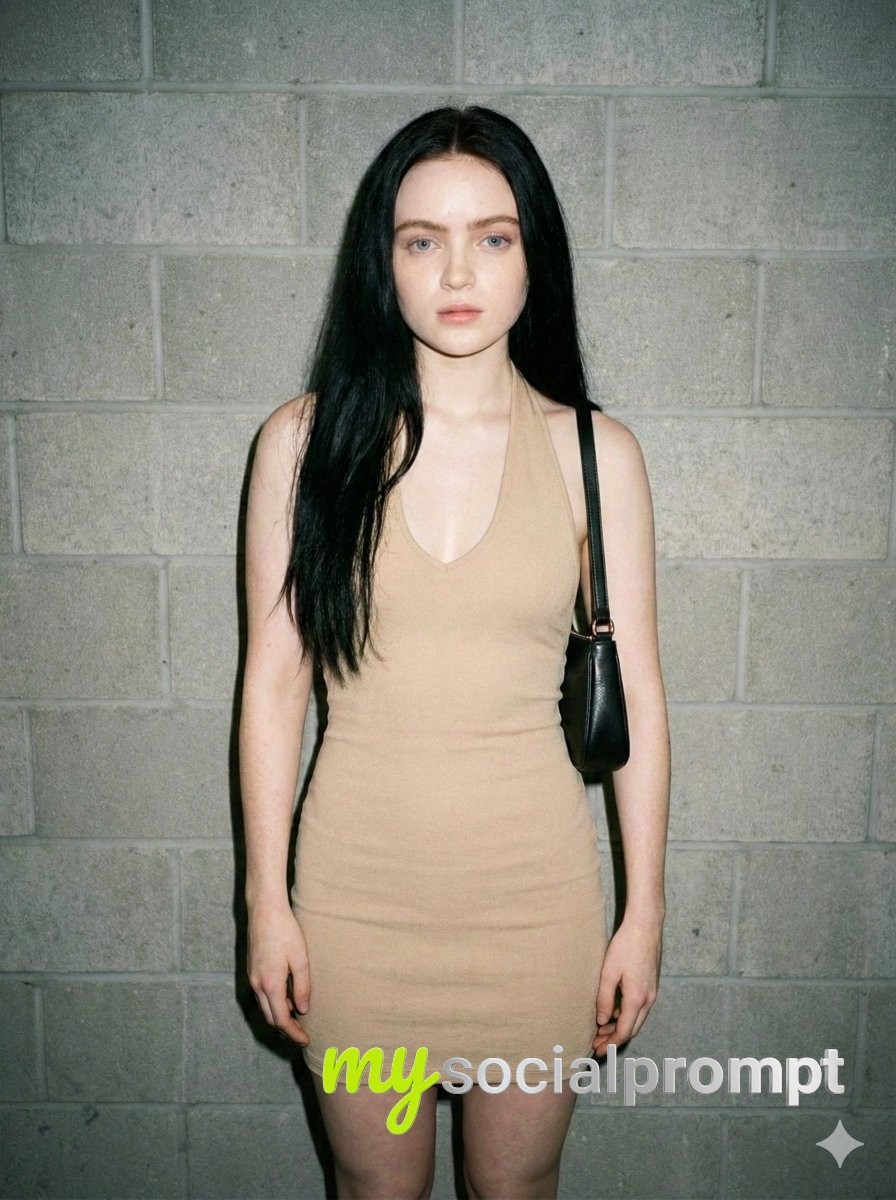 nanobanana prompt: Sadie Sink Portrait with Flash Photography & Urban Backdrop