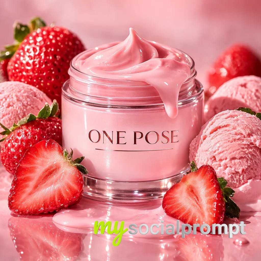 nanobanana prompt: Ultra-Realistic Skincare Product Photography – Glass Jar with Melting Strawberry Cream, Cinematic Lighting