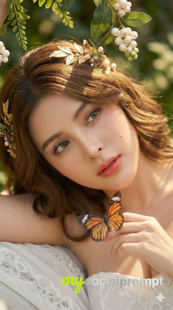 nanobanana prompt: Ethereal Portrait with Butterfly in Natural Golden Light 2