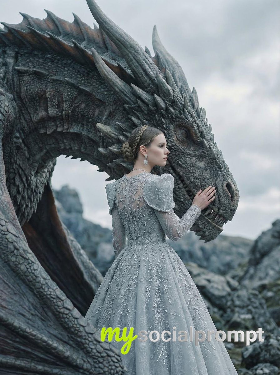 nanobanana prompt: Fantasy Couture Editorial with Dragon & Ice-Gray Gown - AI Prompt Artwork