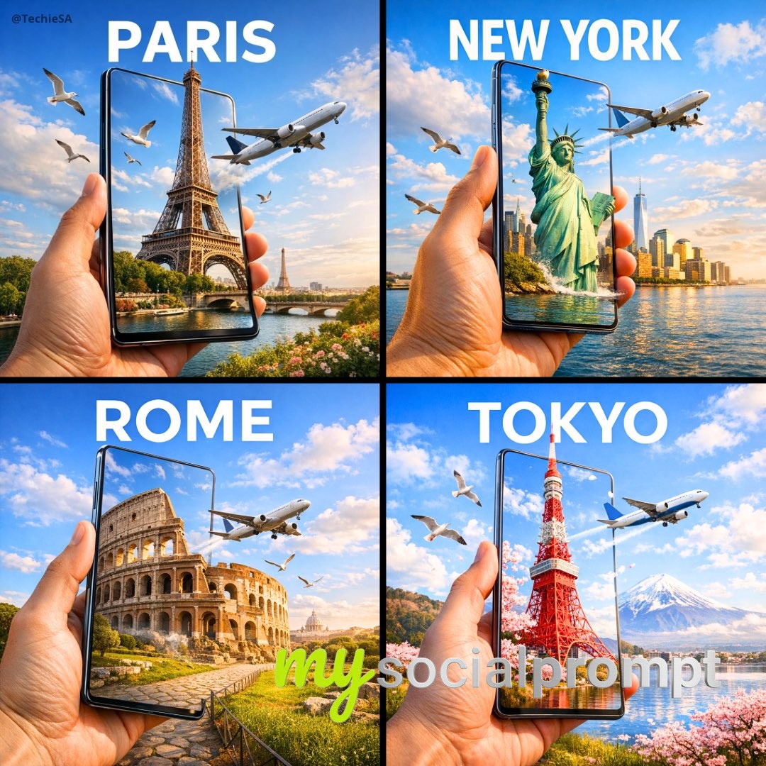 nanobanana prompt: Hyper-realistic Travel Ad with 3D Portal Effect & Cinematic Lighting
