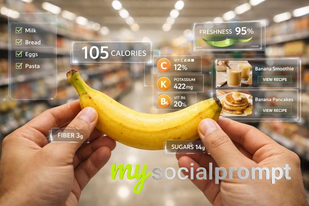 nanobanana prompt: Ultra-Realistic FPV Grocery Scene with Sci-Fi AR Overlay