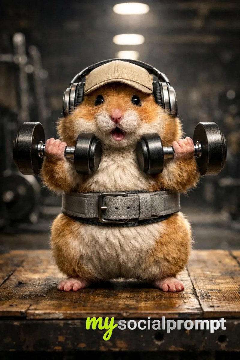 nanobanana prompt: Cinematic Hyper-Realistic Golden Hamster Weightlifting in Gym