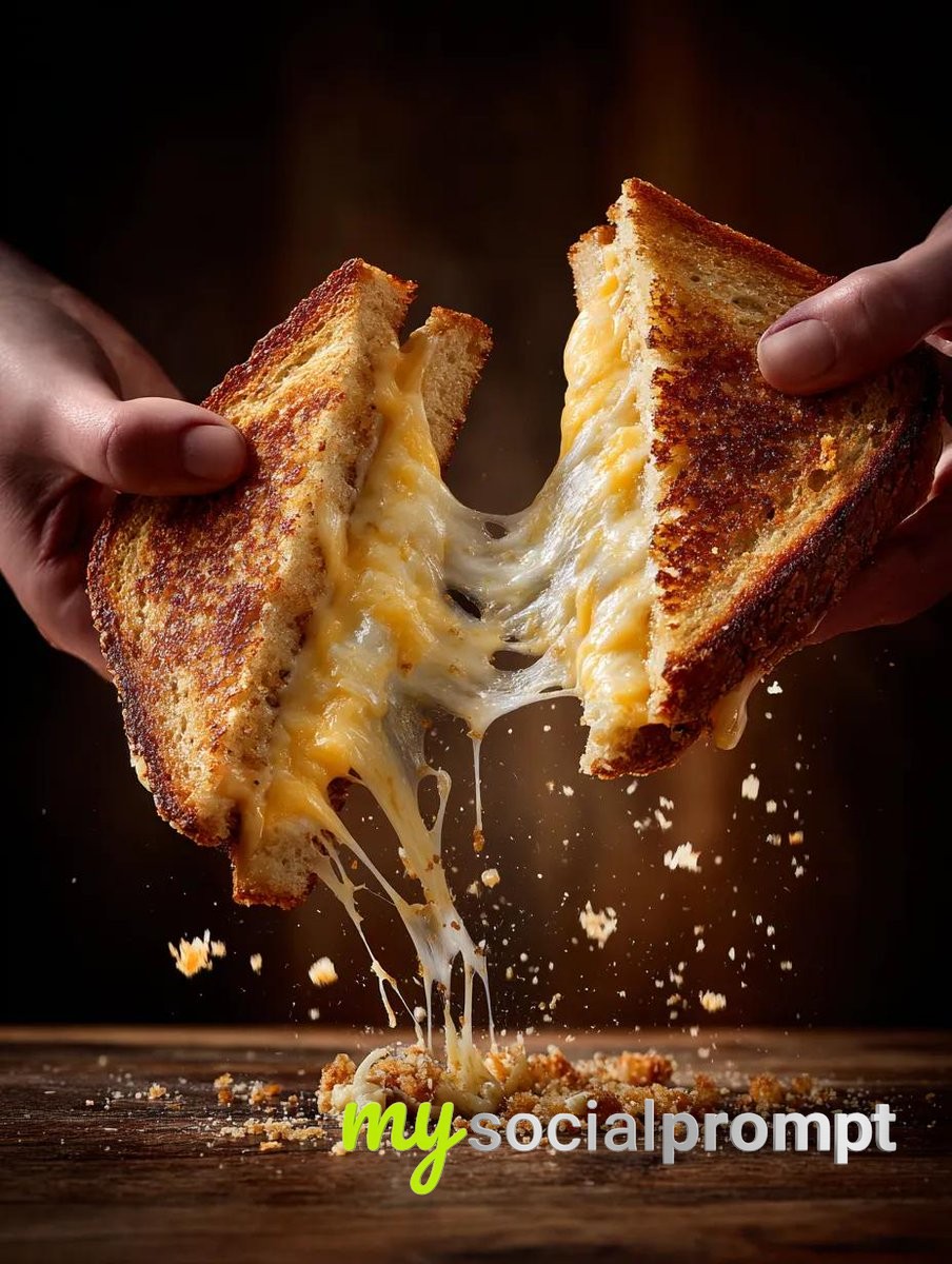 nanobanana prompt: Cinematic Food Action Photography of Grilled Cheese Pull