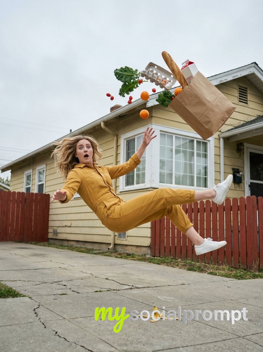 nanobanana prompt: Cinematic Realism: Woman Falling on Banana Peel, Floating Groceries