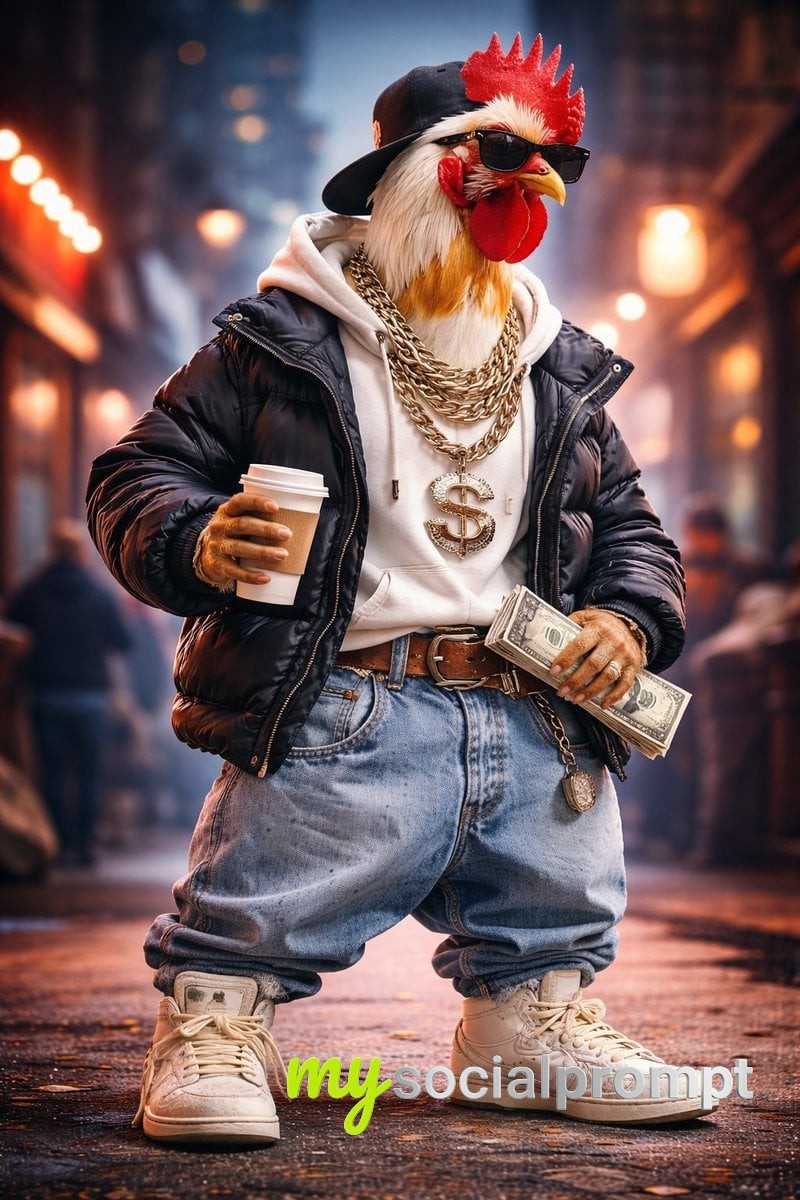 nanobanana prompt: Cinematic Streetwear Portrait of a Skating Rooster in Denim 2