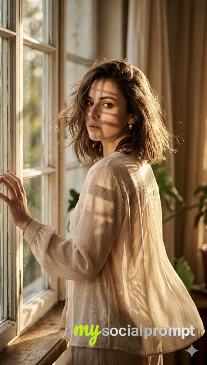 nanobanana prompt: Golden Hour Editorial Portrait with Shutter-Effect Lighting