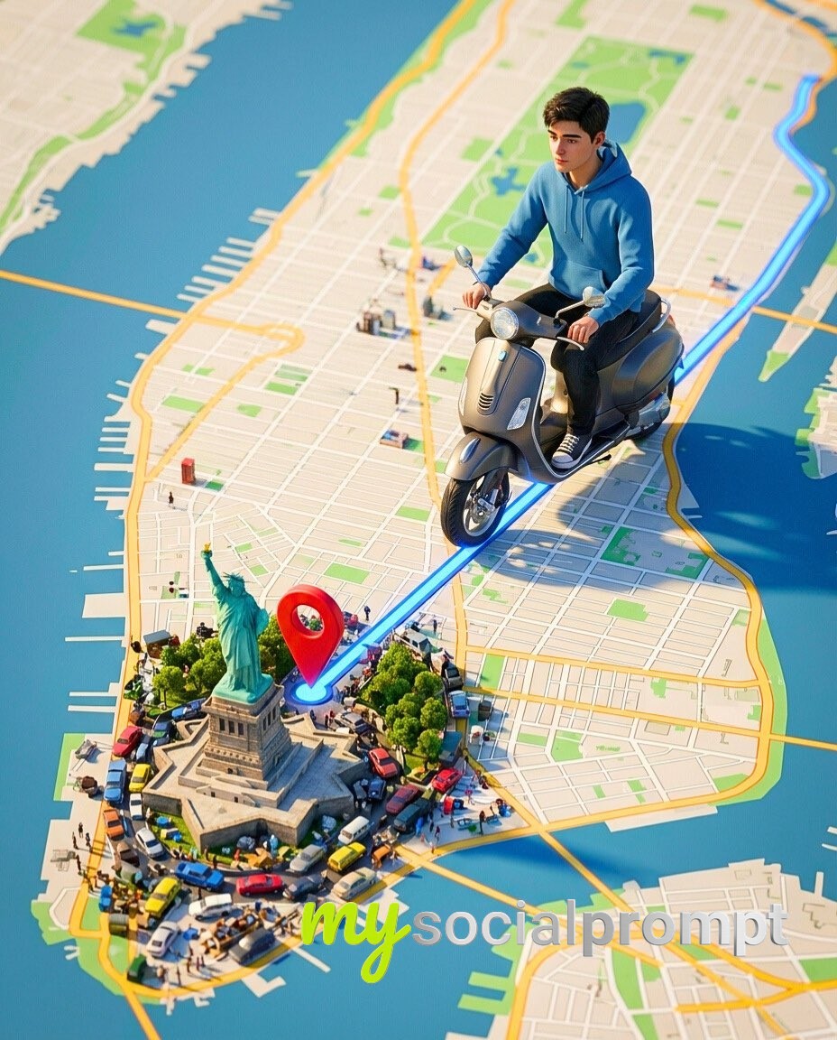 nanobanana prompt: Photorealistic Rider on GPS Route with Miniature Urban Chaos