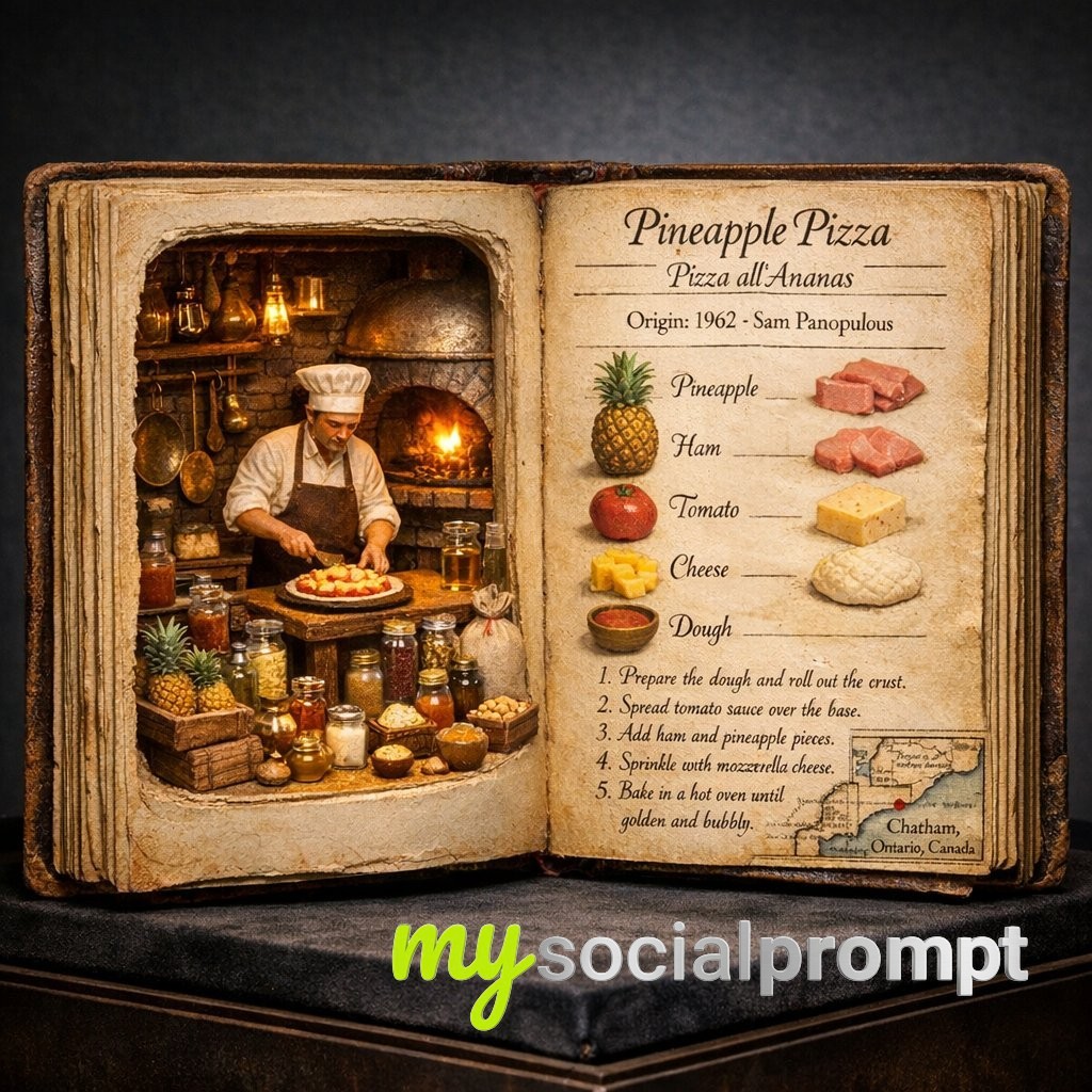 nanobanana prompt: Hyper-Realistic Macro of Antique Culinary Codex with Pineapple Pizza Diorama