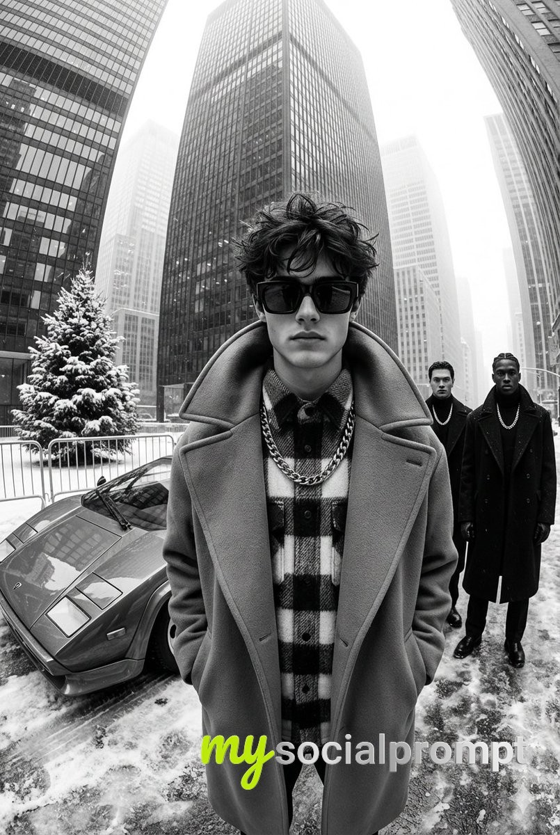 nanobanana prompt: Urban Monochrome Fashion Editorial with Architectural Geometry