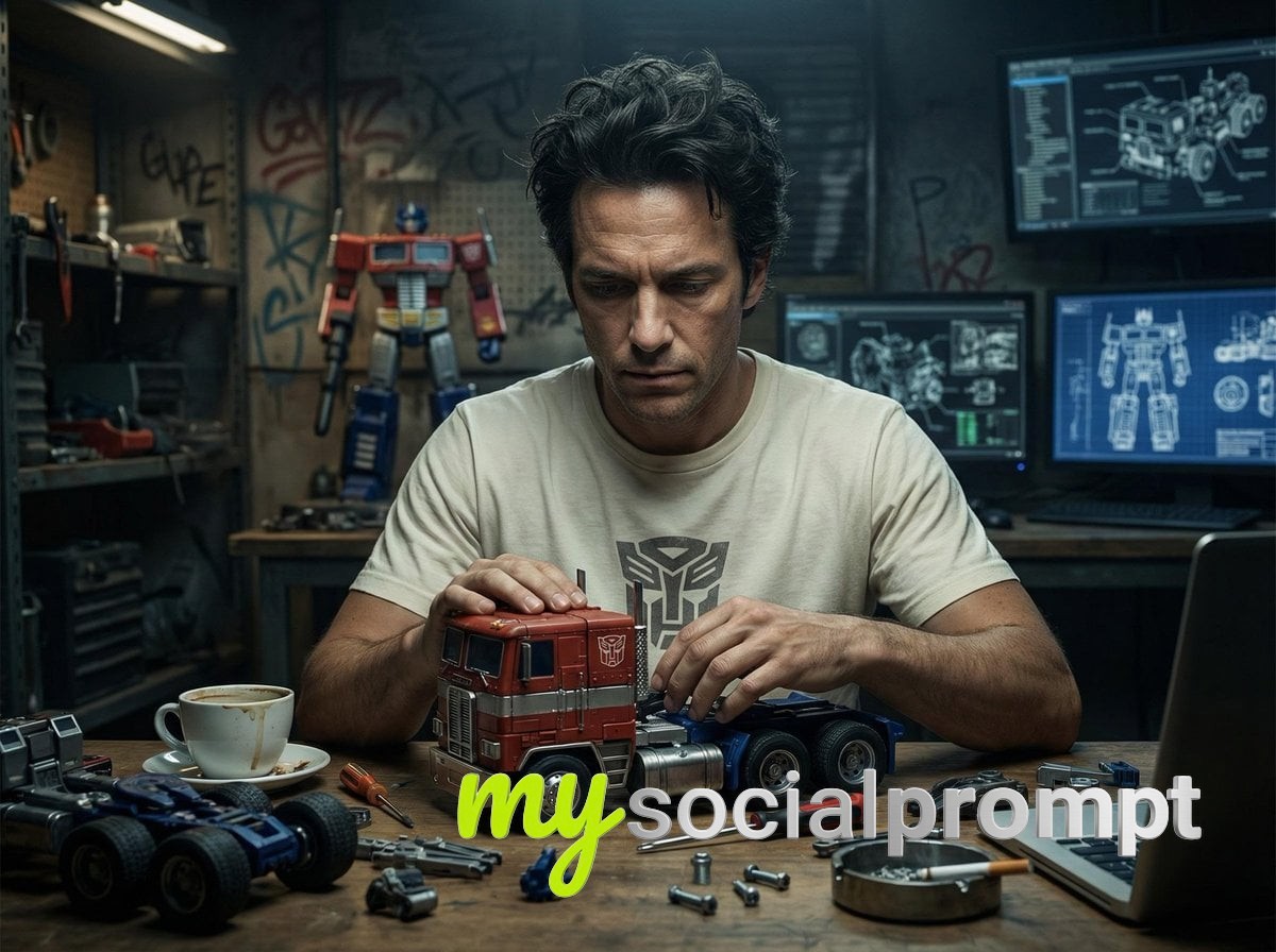 nanobanana prompt: Hyper-Realistic Optimus Prime Toy Assembly Workshop – Cinematic Portrait