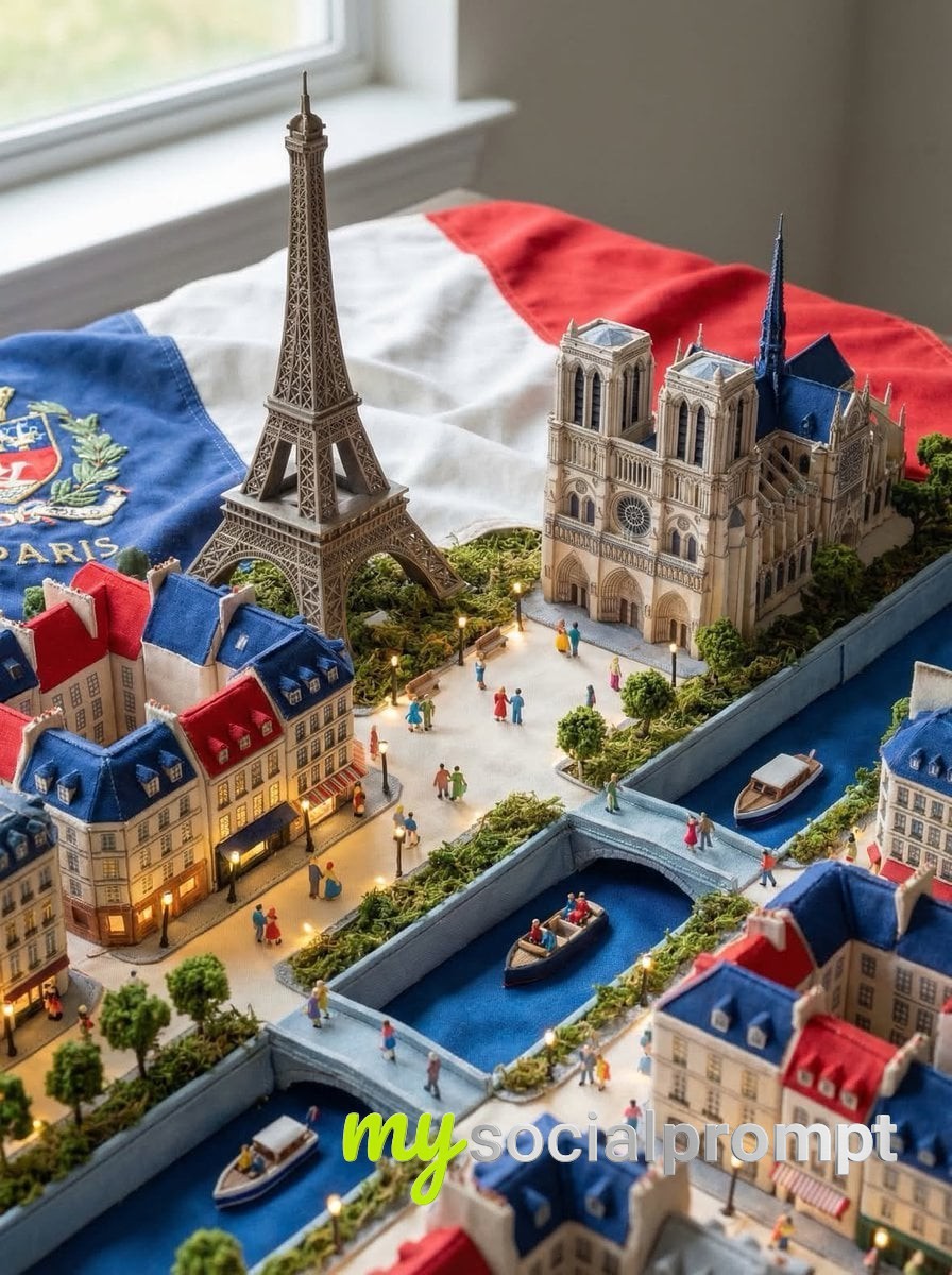 nanobanana prompt: Photorealistic Cutaway Paris Flag as Luxury Miniature Cityscape