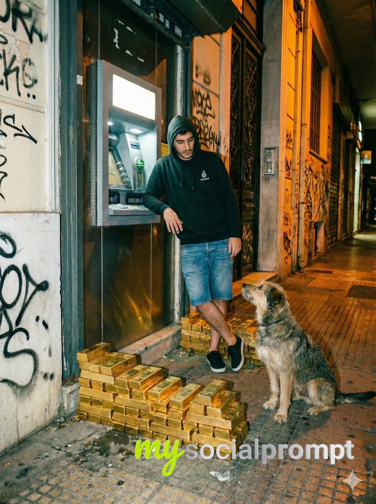 nanobanana prompt: Urban Contradiction: Flash-Lit ATM Heist with Gold and Grit