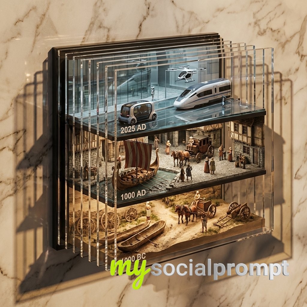 nanobanana prompt: Hyper-realistic 3D Transportation Evolution with Cinematic Lighting 2