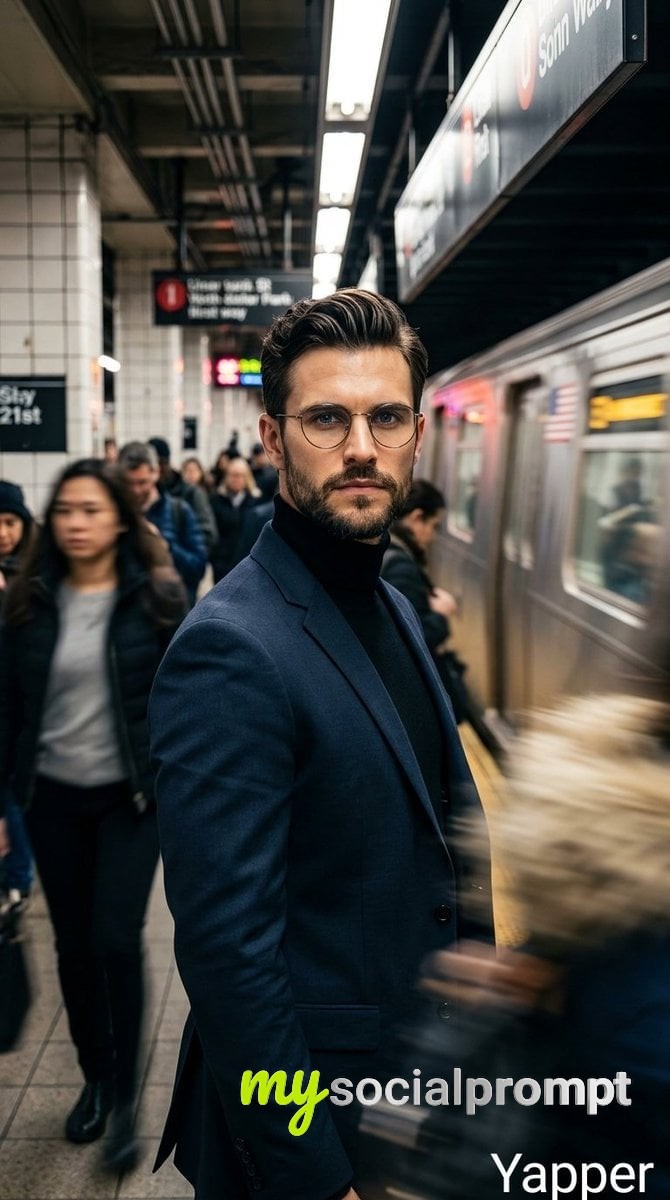nanobanana prompt: Cinematic Subway Portrait in Motion Blur with Dramatic Lighting