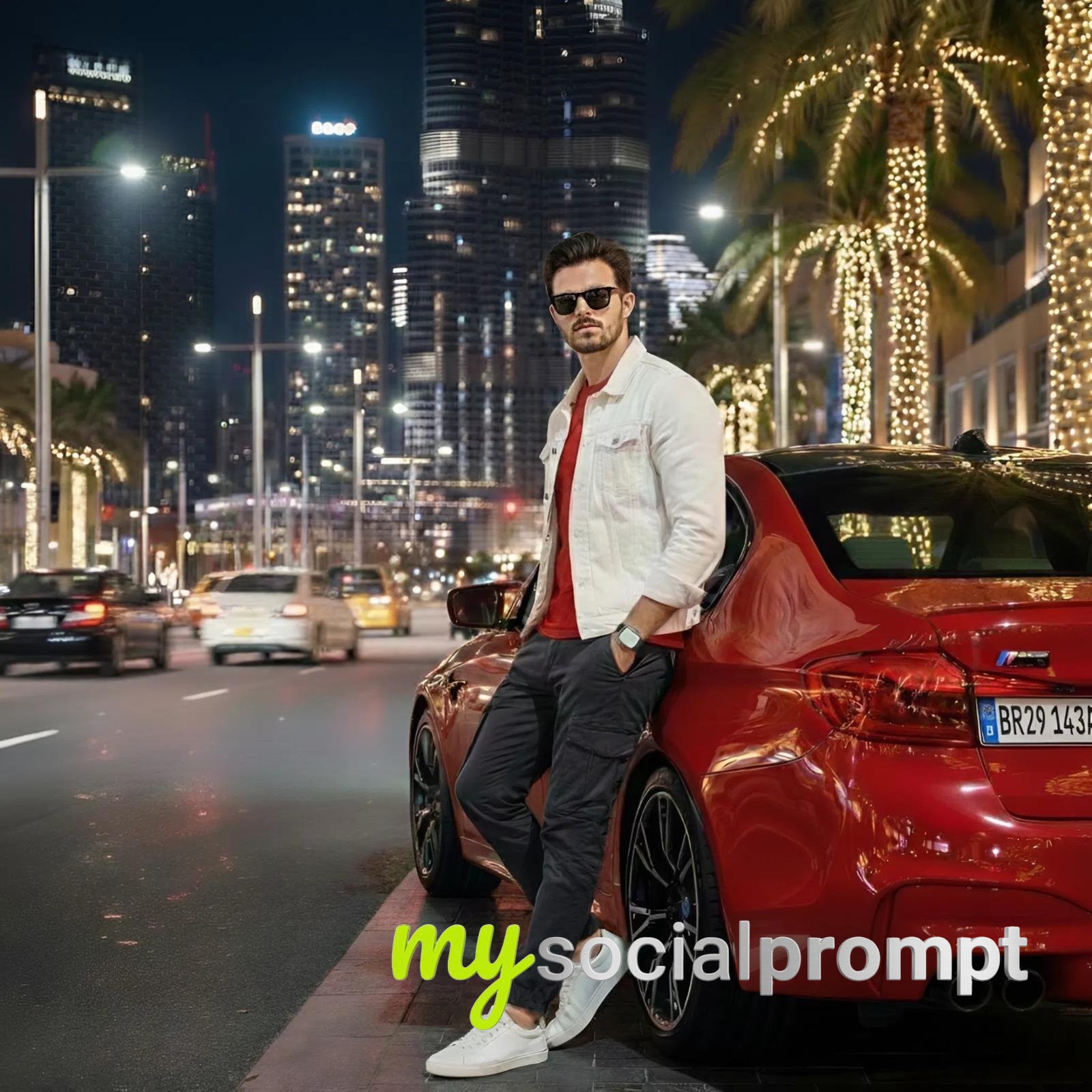 nanobanana prompt: Cinematic Fashion Portrait with Red BMW M5 in Urban Night