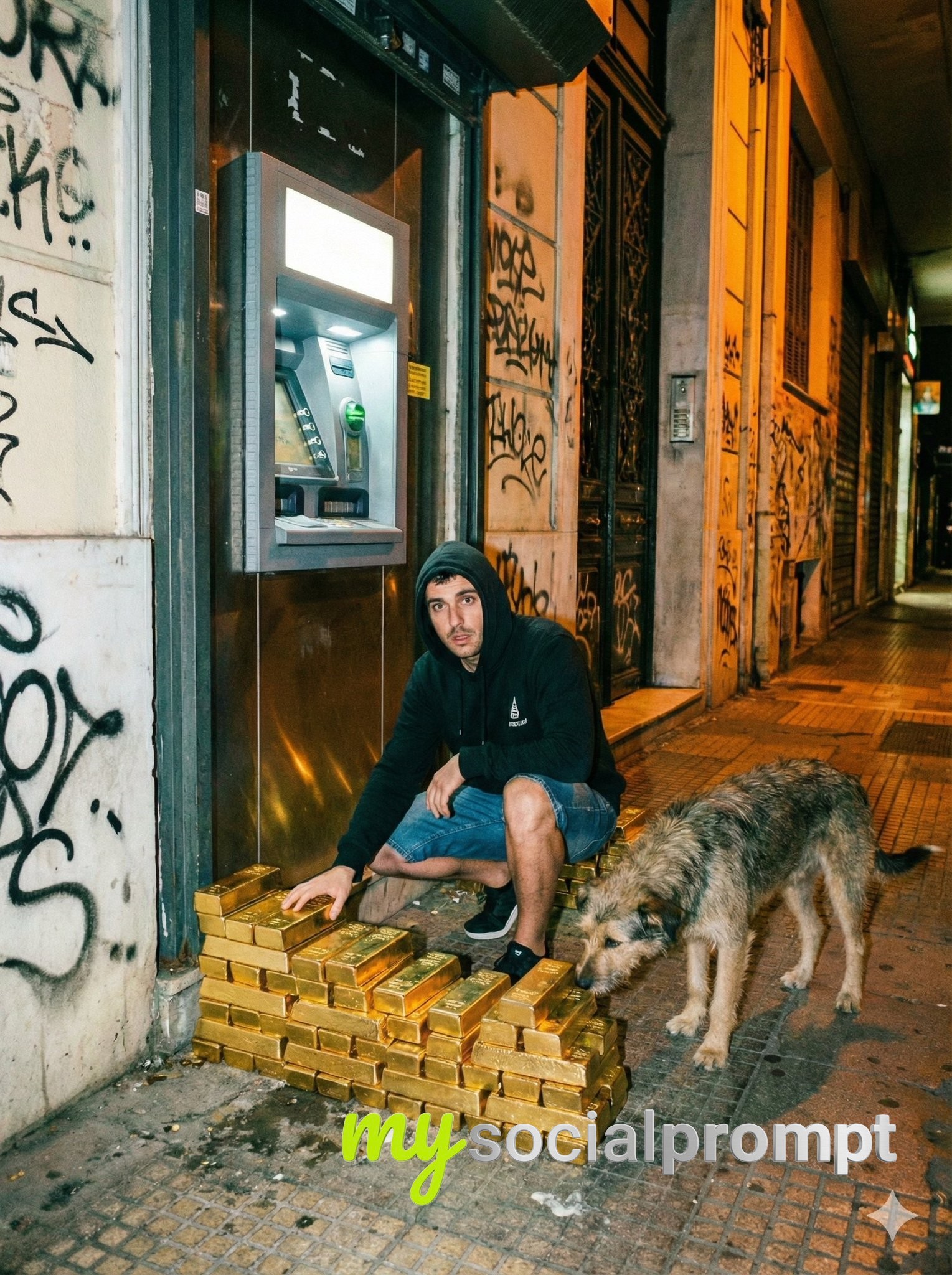 nanobanana prompt: Urban Contradiction: Flash-Lit ATM Heist with Gold and Grit 2