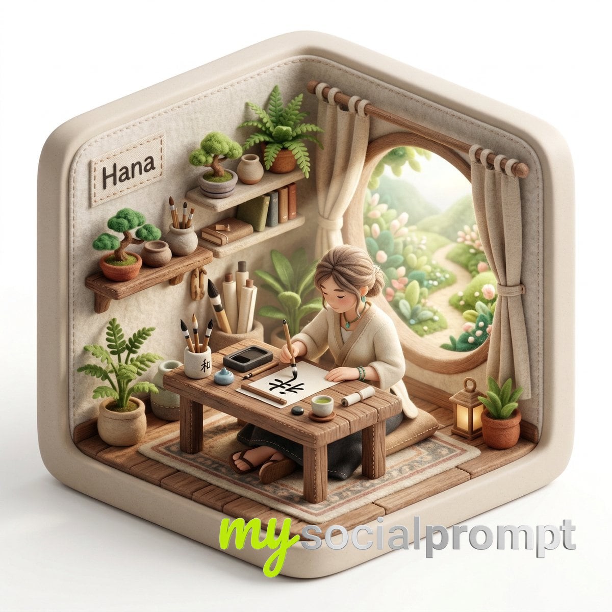 nanobanana prompt: 3D Isometric Felt Diorama of a Tea Master in Sunlit Nature Studio