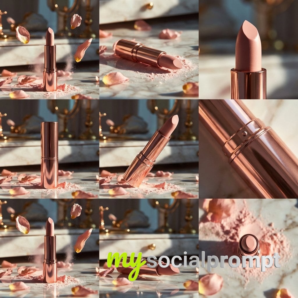 nanobanana prompt: Rose-Gold Lipstick Macro: Luxury Cosmetics with Cinematic Studio Lighting