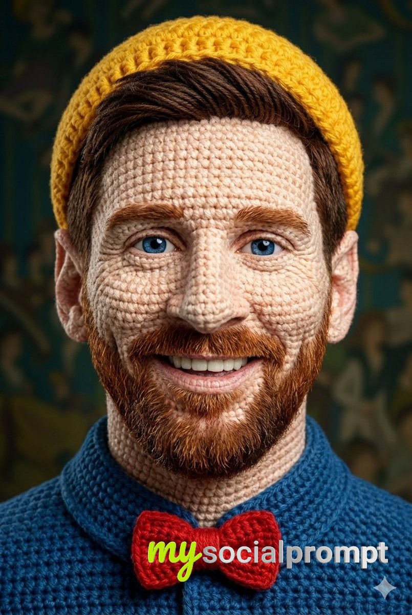 nanobanana prompt: Hyper-Realistic Crochet Portrait – Soft Studio Lighting & Yarn Texture 2