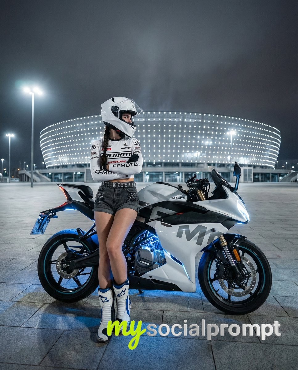 nanobanana prompt: Urban Motorcyclist with Cinematic Night Lighting