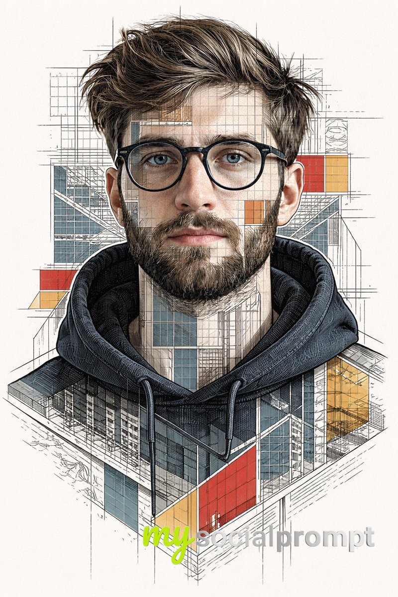nanobanana prompt: Architectural Blueprint Portrait with Editorial Line Art