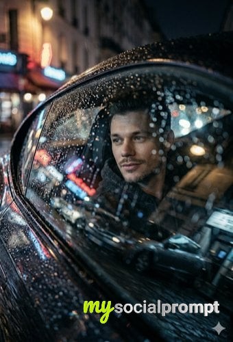 nanobanana prompt: Melancholic Urban Night Portrait Through Rainy Car Window