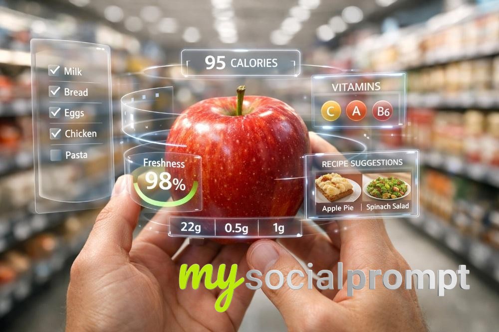 nanobanana prompt: Ultra-Realistic FPV Grocery Scene with Sci-Fi AR Overlay 3