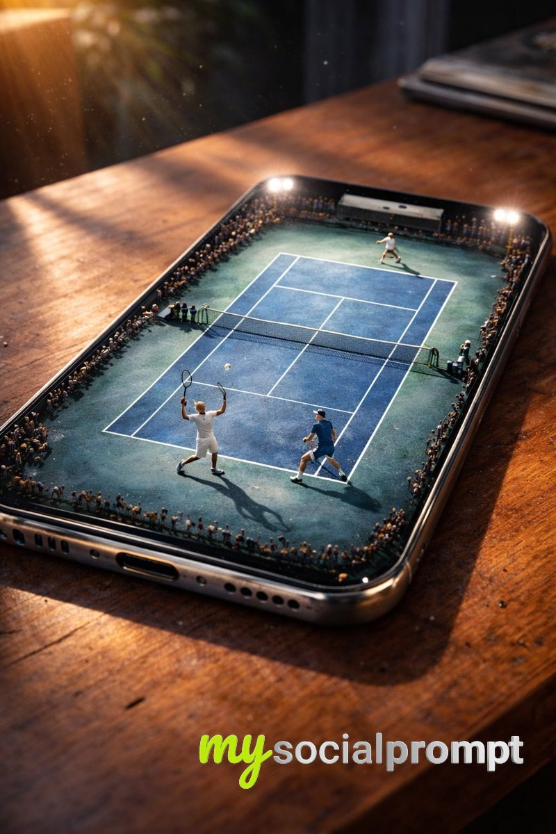 nanobanana prompt: Ultra-Realistic Cinematic Tennis Court Smartphone Scene