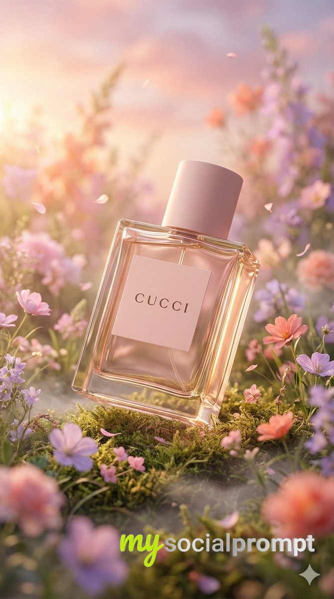 nanobanana prompt: Hyper-realistic Luxury Perfume in Fantasy Meadow with Cinematic Lighting