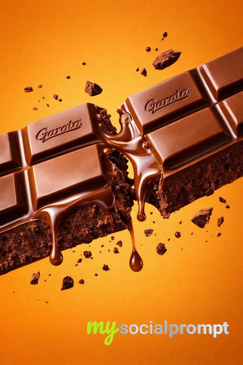 nanobanana prompt: Ultra-Realistic Garoto Chocolate Bar – Broken with Melted Cocoa, Vibrant Studio Commercial Shot