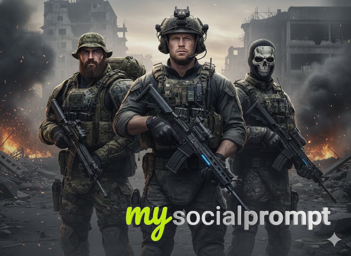 nanobanana prompt: Cinematic Military Squad Portrait with Hyper-realistic Textures - AI Prompt Image 2