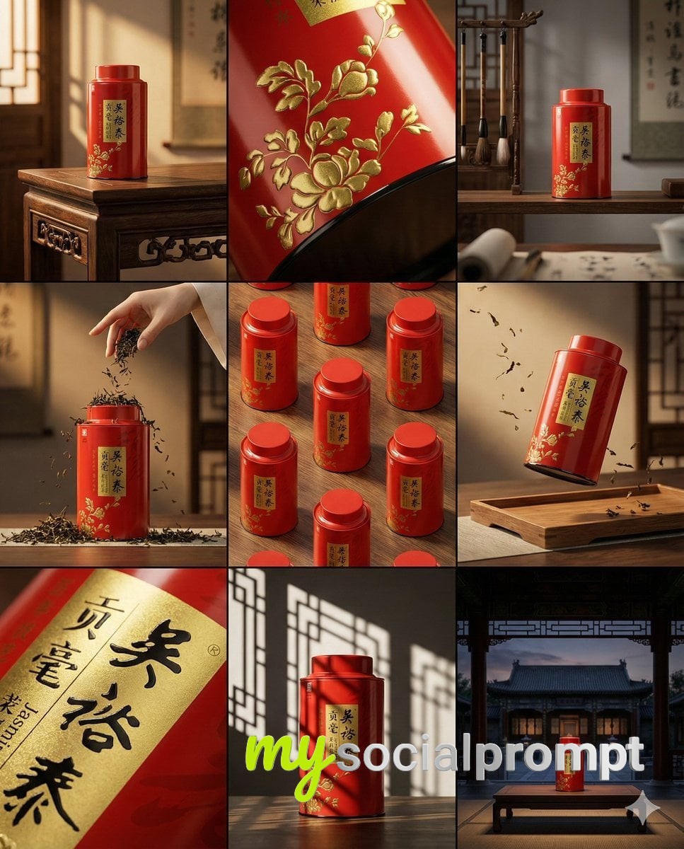 nanobanana prompt: Wu Yu Tai Tea Tin Storyboard – Editorial Branding Mockup