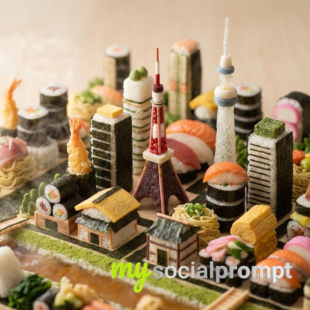 nanobanana prompt: Miniature Edible Cityscape: Tilt-Shift Food Architecture Diorama 2