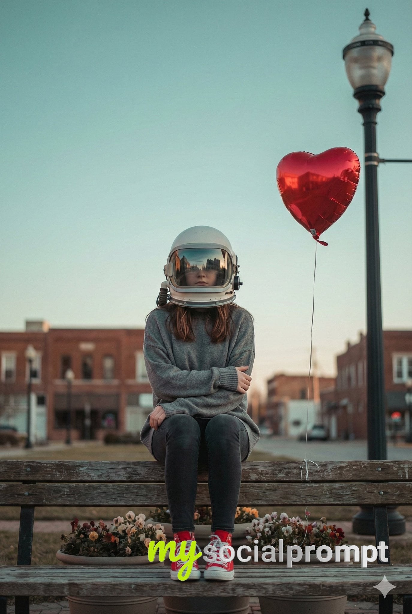 nanobanana prompt: Surreal Conceptual Portrait – Astronaut Helmet & Red Balloon in Urban Park