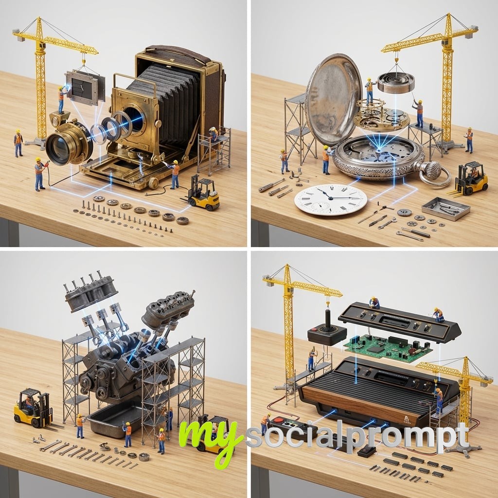 nanobanana prompt: Exploded Vintage Camera Construction: Miniature Workshop Macro