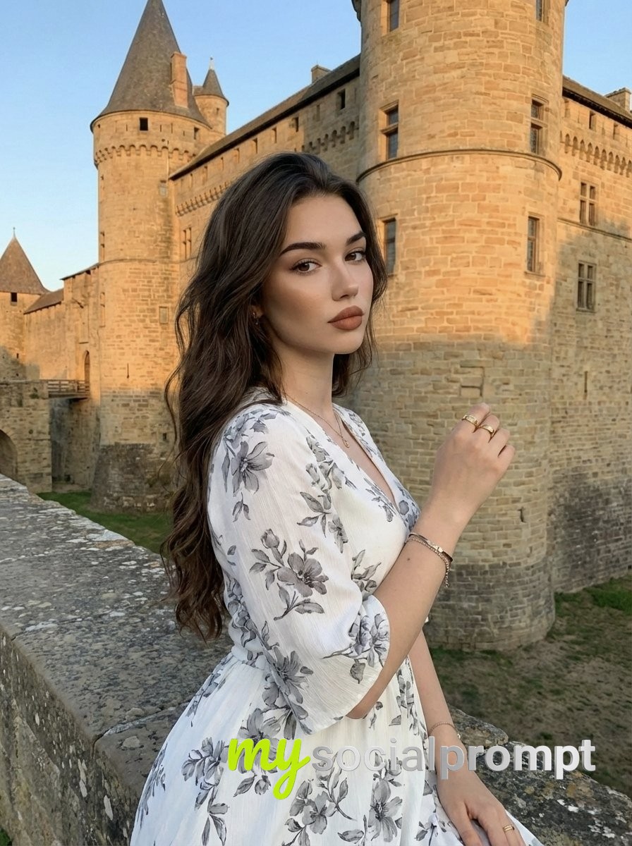 nanobanana prompt: Cinematic Golden Hour Portrait in Historic Fortress Setting