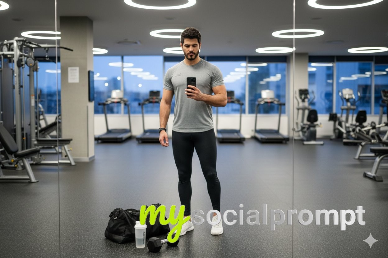 nanobanana prompt: Gym Mirror Selfie with Cinematic Lighting & Minimalist Composition
