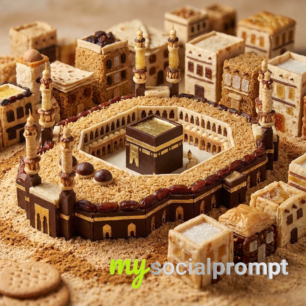nanobanana prompt: Miniature Edible Cityscape with Hyper-detailed Culinary Architecture