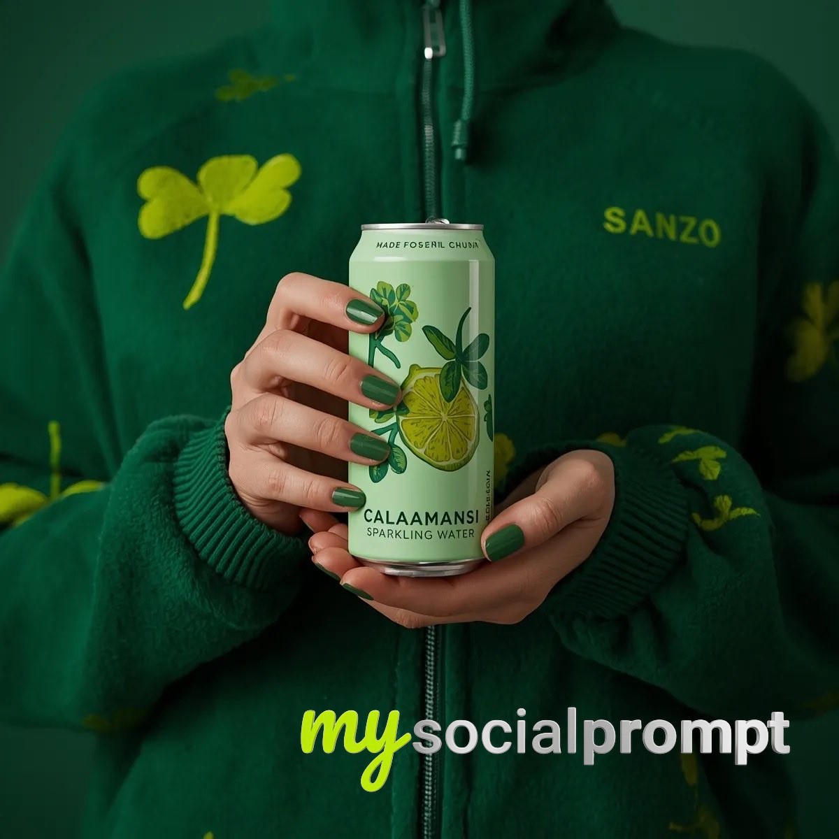 nanobanana prompt: Monochromatic Green Product Shot: Sanzo Calamansi Sparkling Water