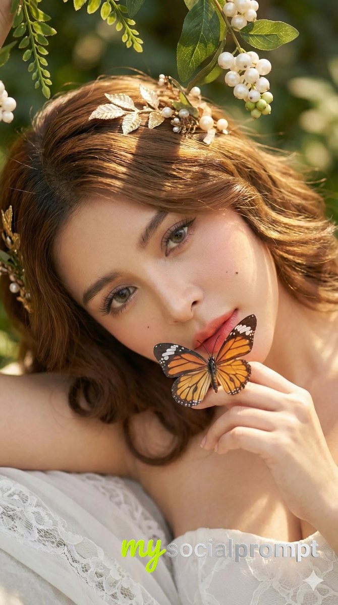 nanobanana prompt: Ethereal Portrait with Butterfly in Natural Golden Light
