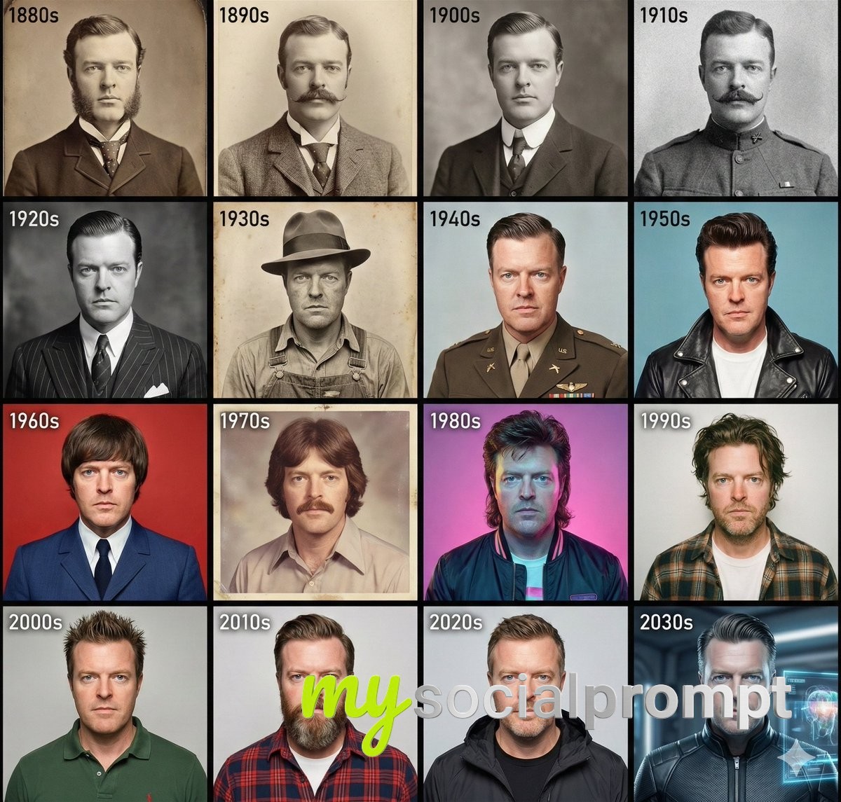nanobanana prompt: Temporal Portrait Series 1880-2020 in 4×4 Grid