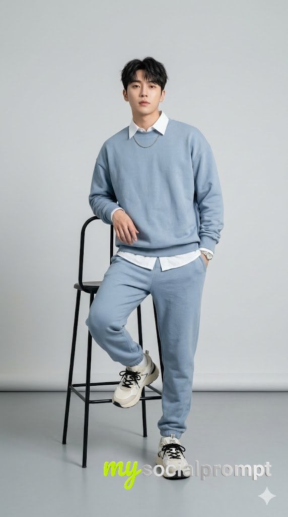 nanobanana prompt: Full-Body Studio Fashion Photography of East Asian Man in Dusty Blue K-Fashion Editorial