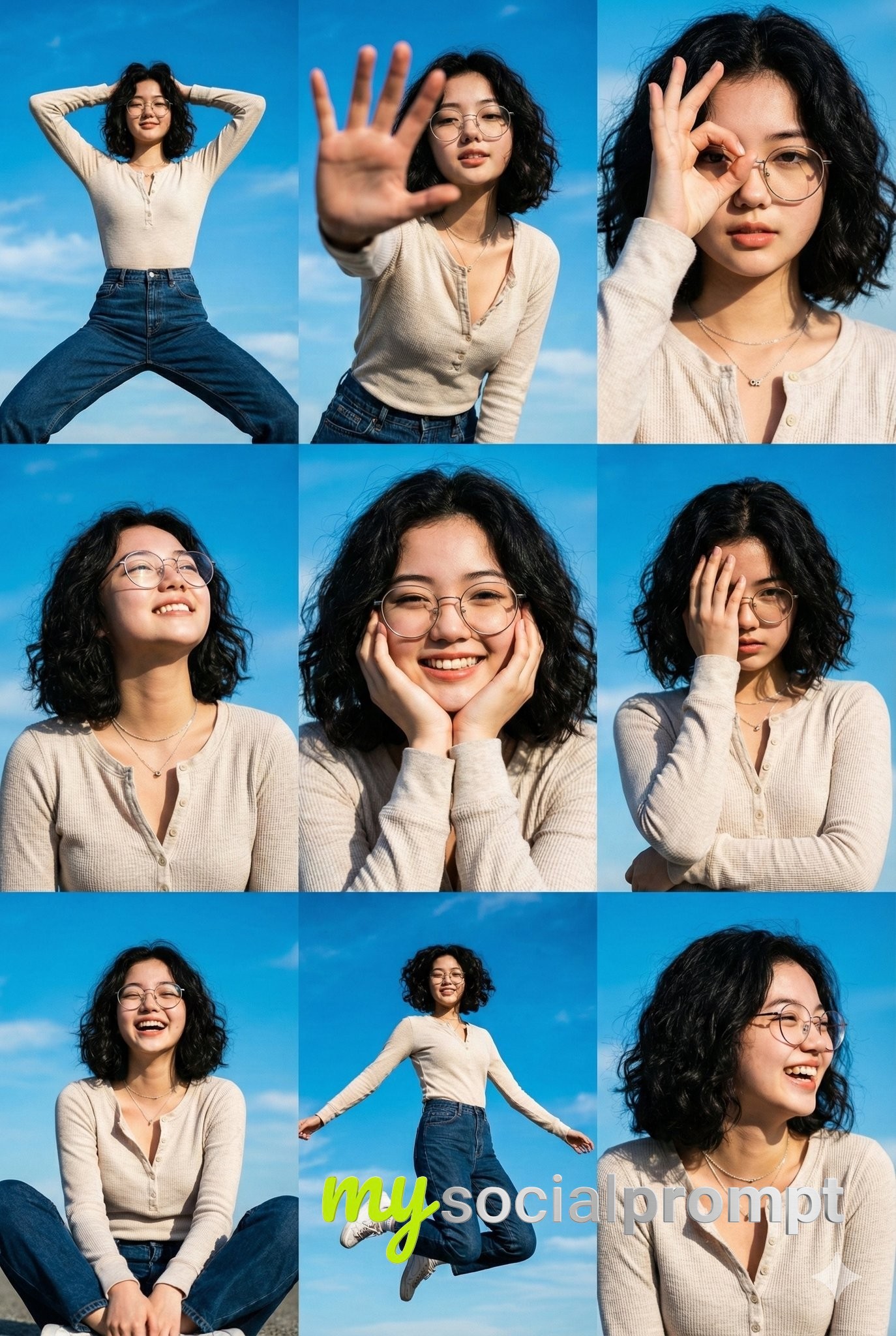 nanobanana prompt: High-Fashion Lifestyle Grid: 9 Poses in Harsh Sunlight