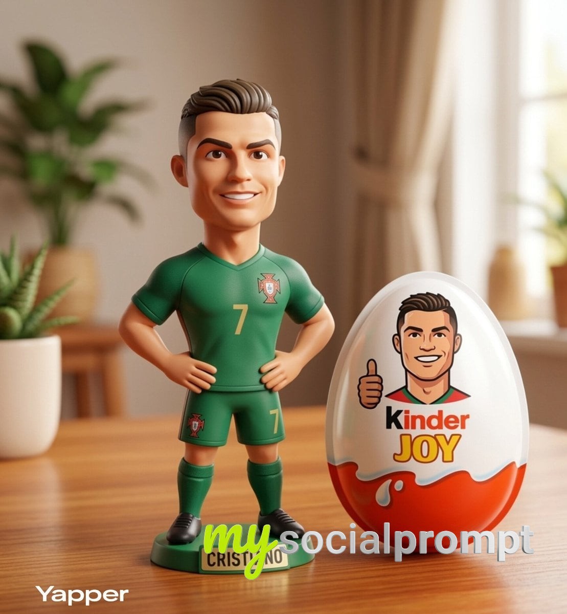nanobanana prompt: Pixar-Style Ronaldo Figurine with Kinder Joy Egg – Cinematic 3D Toy Photography