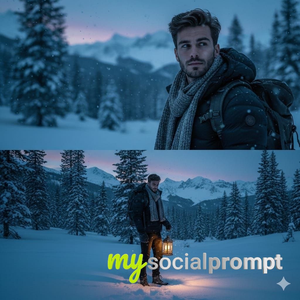 nanobanana prompt: Cinematic Winter Portrait with Glowing Lantern in Snowy Forest